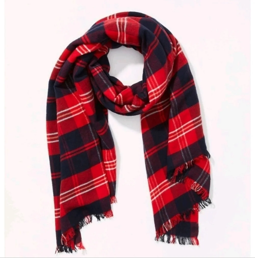 LOFT OVERSIZE RED & BLUE PLAID BLANKET SCARF SHAWL WRAP COTTON BLEND WOMEN OS